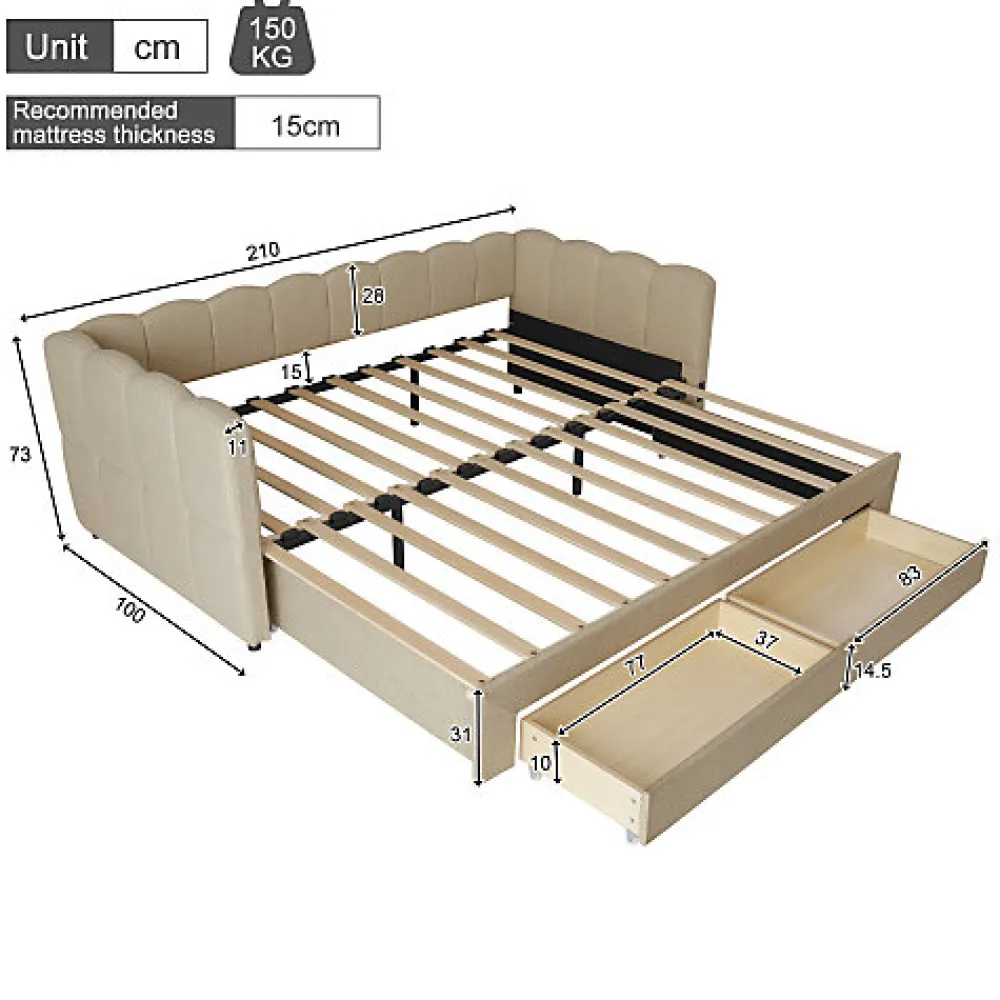 Canapé-lit capitonné 90x190cm - lit gigogne - 2 tiroirs - port USB - tissu chenille - beige (matelas non inclus)>ModernLuxe Sale