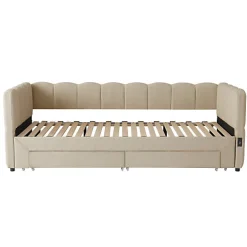 Canapé-lit capitonné 90x190cm - lit gigogne - 2 tiroirs - port USB - tissu chenille - beige (matelas non inclus)><noscript><img width=