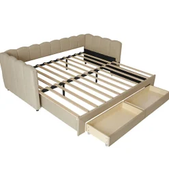 Canapé-lit capitonné 90x190cm - lit gigogne - 2 tiroirs - port USB - tissu chenille - beige (matelas non inclus)><noscript><img width=