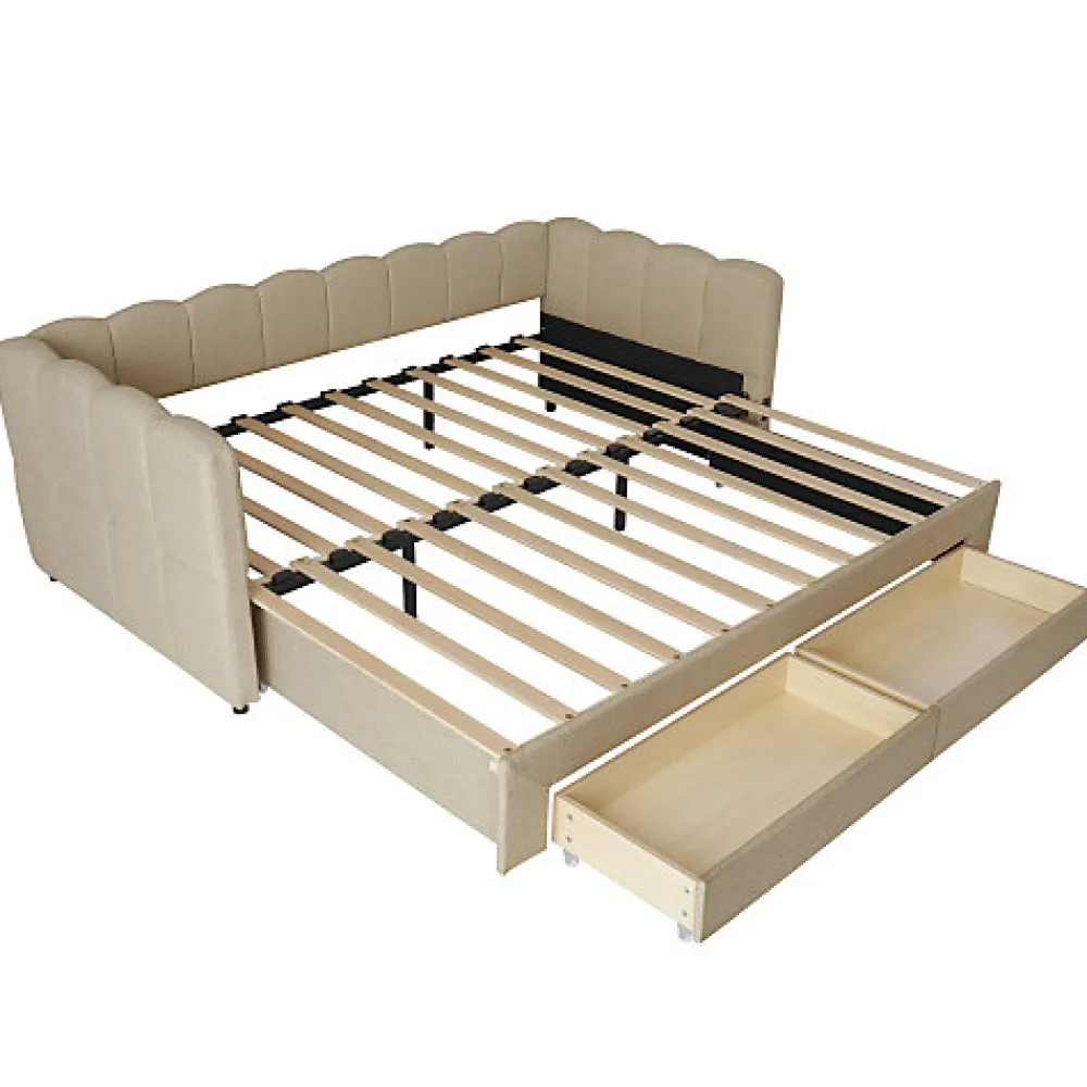 Canapé-lit capitonné 90x190cm - lit gigogne - 2 tiroirs - port USB - tissu chenille - beige (matelas non inclus)>ModernLuxe Sale