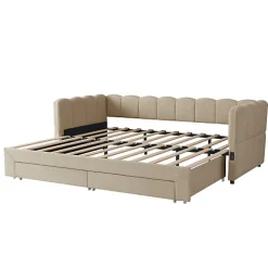 Canapé-lit capitonné 90x190cm - lit gigogne - 2 tiroirs - port USB - tissu chenille - beige (matelas non inclus)><noscript><img width=