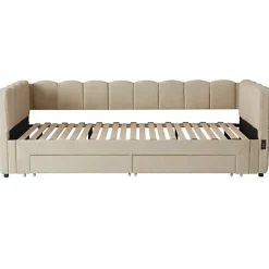 ModernLuxe Canapé-lit capitonné 90x200cm - lit gigogne - 2 tiroirs - port USB - tissu chenille - beige (matelas non inclus)* Lit Gigogne
