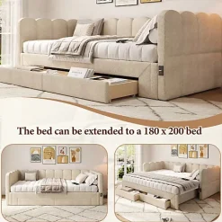 ModernLuxe Canapé-lit capitonné 90x200cm - lit gigogne - 2 tiroirs - port USB - tissu chenille - beige (matelas non inclus)* Lit Gigogne