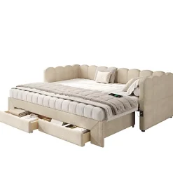 ModernLuxe Canapé-lit capitonné 90x200cm - lit gigogne - 2 tiroirs - port USB - tissu chenille - beige (matelas non inclus)* Lit Gigogne