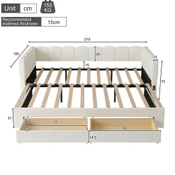 ModernLuxe Canapé-lit capitonné 90x190cm - lit gigogne - 2 tiroirs - port USB - tissu chenille - beige (matelas non inclus)* Lit Gigogne