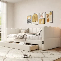 ModernLuxe Canapé-lit capitonné 90x190cm - lit gigogne - 2 tiroirs - port USB - tissu chenille - beige (matelas non inclus)* Lit Gigogne