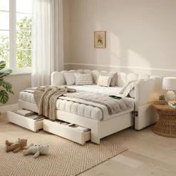 ModernLuxe Canapé-lit capitonné 90x190cm - lit gigogne - 2 tiroirs - port USB - tissu chenille - beige (matelas non inclus)* Lit Gigogne