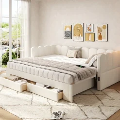 Canapé-lit capitonné 90x200cm - lit gigogne - 2 tiroirs - port USB - tissu chenille - beige (matelas non inclus)>ModernLuxe Hot