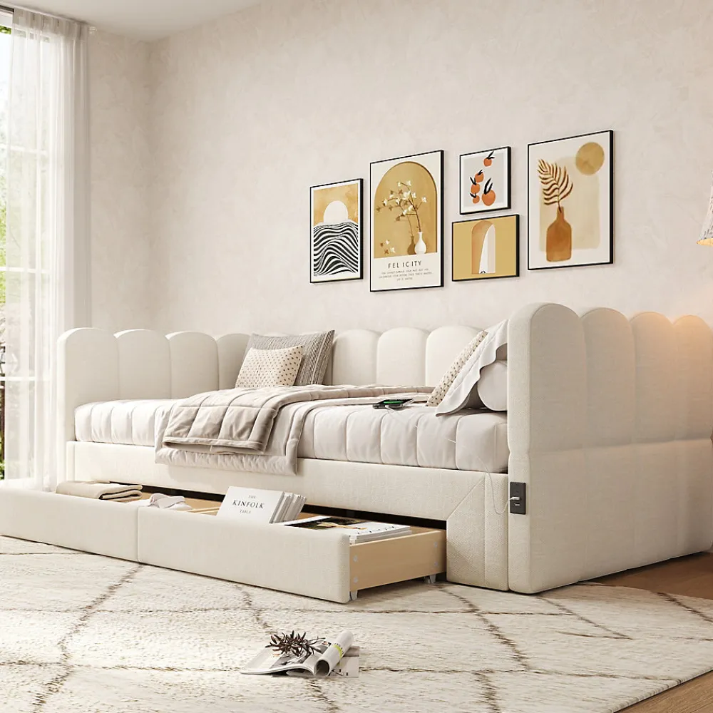 Canapé-lit capitonné 90x200cm - lit gigogne - 2 tiroirs - port USB - tissu chenille - beige (matelas non inclus)>ModernLuxe Hot