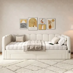 Canapé-lit capitonné 90x200cm - lit gigogne - 2 tiroirs - port USB - tissu chenille - beige (matelas non inclus)><noscript><img width=