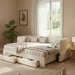 Canapé-lit capitonné 90x200cm - lit gigogne - 2 tiroirs - port USB - tissu chenille - beige (matelas non inclus)><noscript><img width=