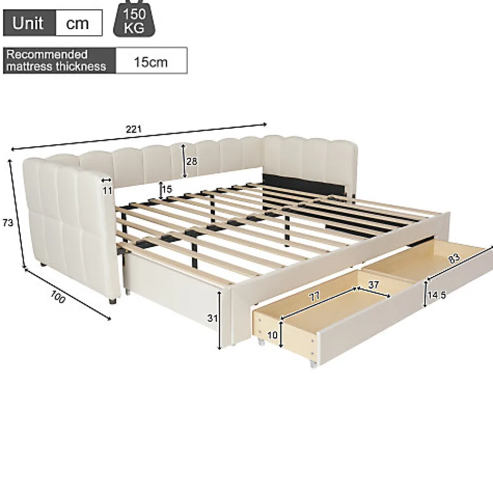 Canapé-lit capitonné 90x200cm - lit gigogne - 2 tiroirs - port USB - tissu chenille - beige (matelas non inclus)>ModernLuxe Hot