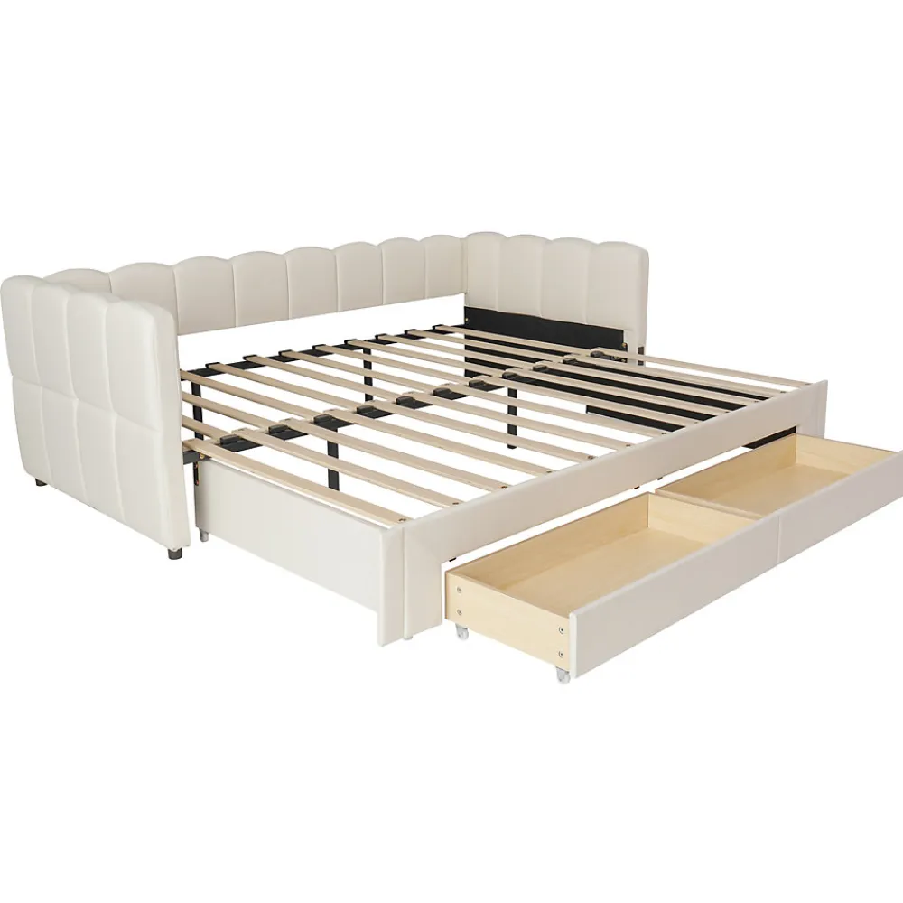 Canapé-lit capitonné 90x200cm - lit gigogne - 2 tiroirs - port USB - tissu chenille - beige (matelas non inclus)>ModernLuxe Hot
