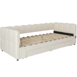 Canapé-lit capitonné 90x200cm - lit gigogne - 2 tiroirs - port USB - tissu chenille - beige (matelas non inclus)><noscript><img width=