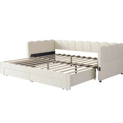 Canapé-lit capitonné 90x200cm - lit gigogne - 2 tiroirs - port USB - tissu chenille - beige (matelas non inclus)><noscript><img width=