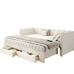 Canapé-lit capitonné 90x200cm - lit gigogne - 2 tiroirs - port USB - tissu chenille - beige (matelas non inclus)><noscript><img width=