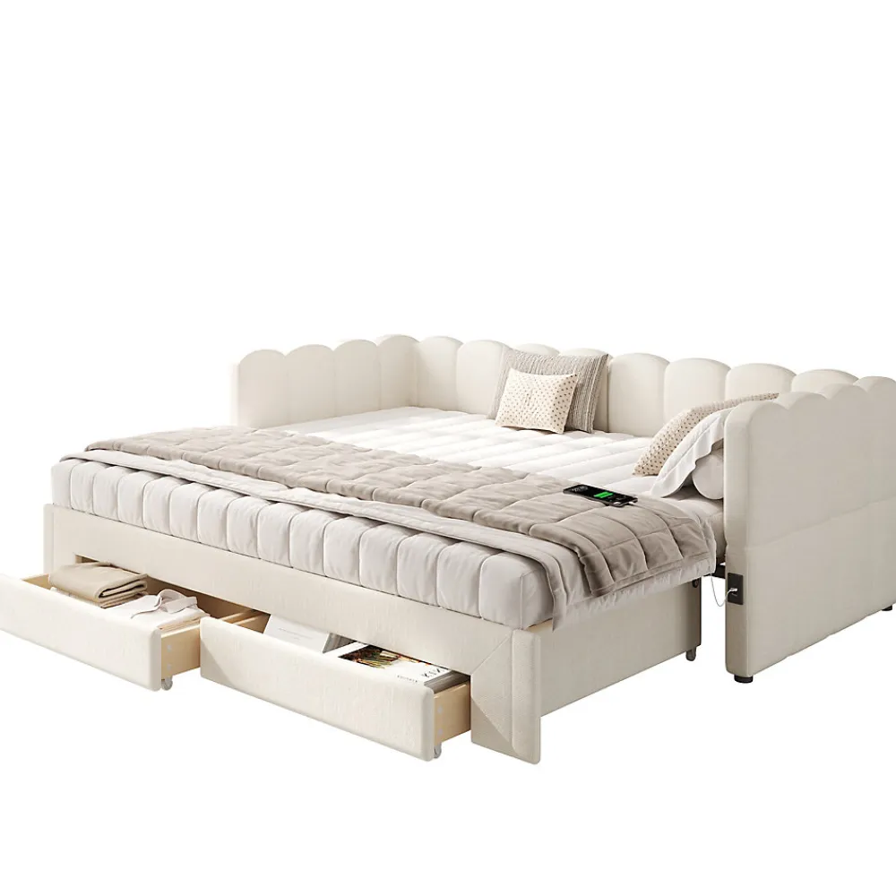 Canapé-lit capitonné 90x200cm - lit gigogne - 2 tiroirs - port USB - tissu chenille - beige (matelas non inclus)>ModernLuxe Hot