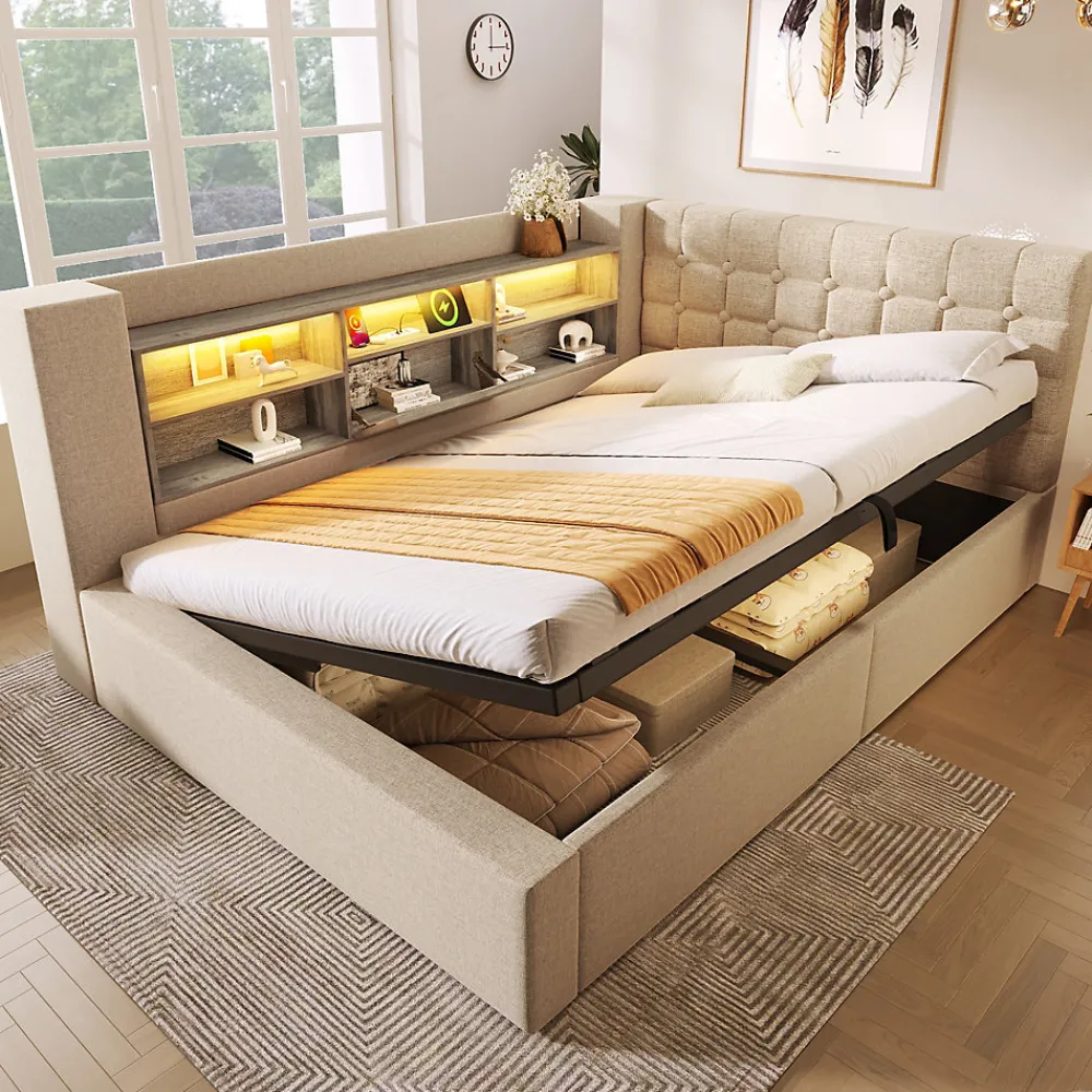 Canapé-lit coffre 140x190cm - avec LED et port de chargement - avec sommier à lattes - tissu de lin - beige (sans matelas)>ModernLuxe Best