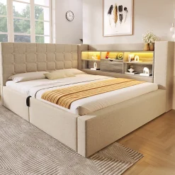 Canapé-lit coffre 140x190cm - avec LED et port de chargement - avec sommier à lattes - tissu de lin - beige (sans matelas)>ModernLuxe Best