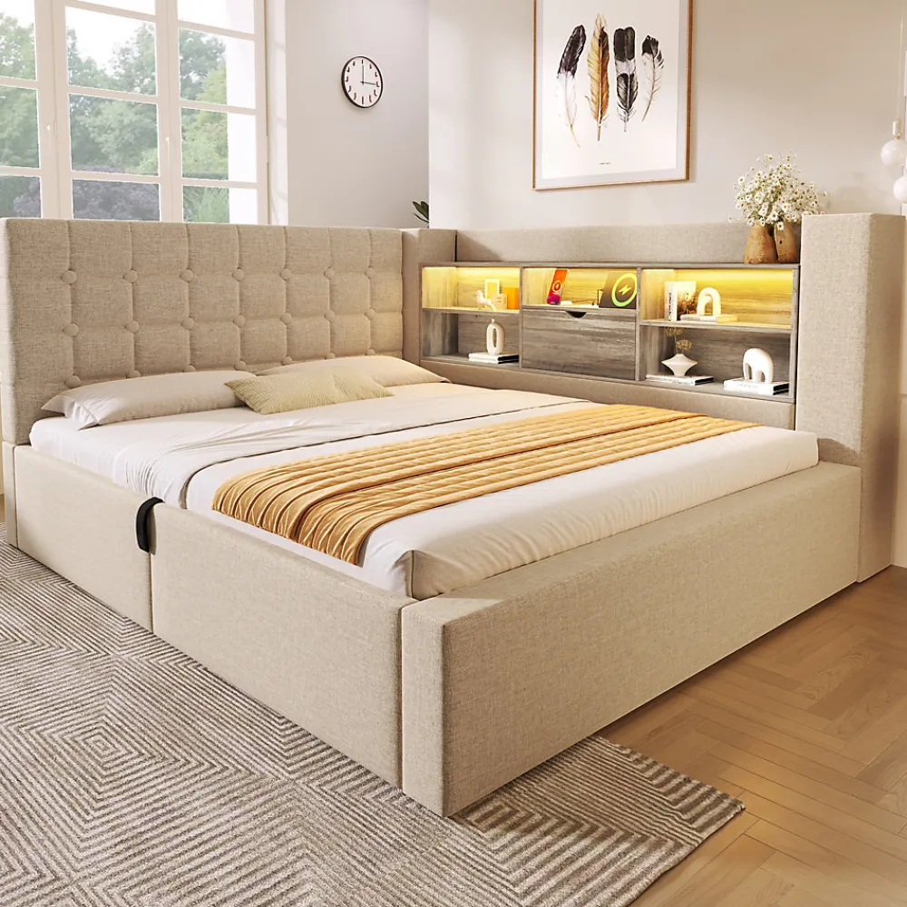 Canapé-lit coffre 140x190cm - avec LED et port de chargement - avec sommier à lattes - tissu de lin - beige (sans matelas)>ModernLuxe Best