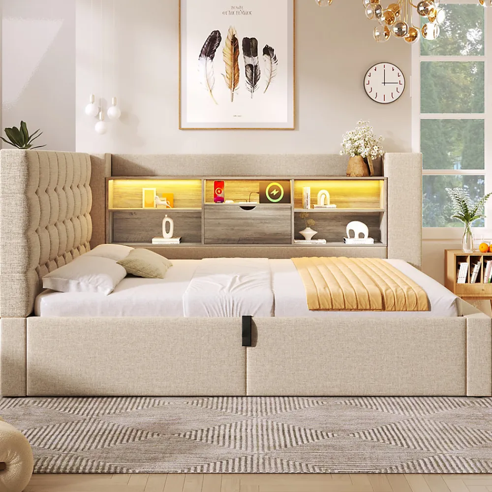 Canapé-lit coffre 140x190cm - avec LED et port de chargement - avec sommier à lattes - tissu de lin - beige (sans matelas)>ModernLuxe Best