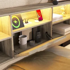 Canapé-lit coffre 140x190cm - avec LED et port de chargement - avec sommier à lattes - tissu de lin - beige (sans matelas)><noscript><img width=