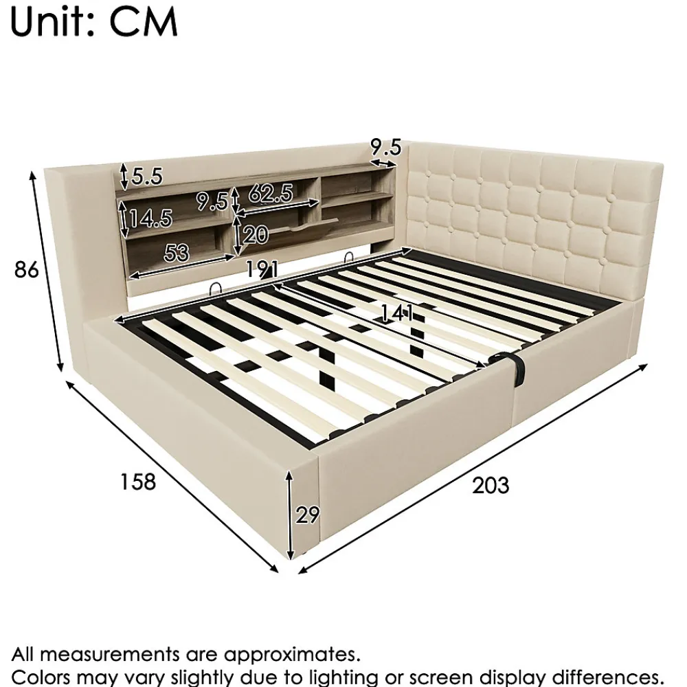 Canapé-lit coffre 140x190cm - avec LED et port de chargement - avec sommier à lattes - tissu de lin - beige (sans matelas)>ModernLuxe Best