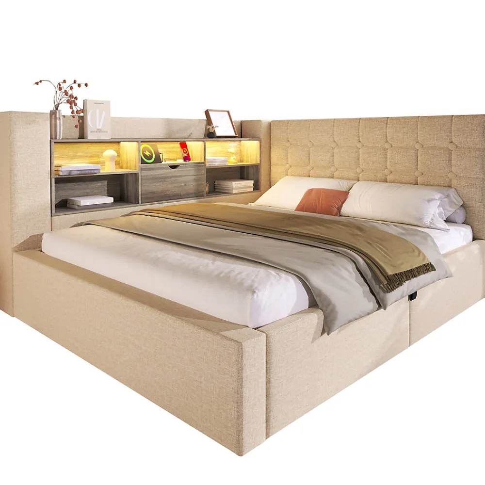 Canapé-lit coffre 140x190cm - avec LED et port de chargement - avec sommier à lattes - tissu de lin - beige (sans matelas)>ModernLuxe Best