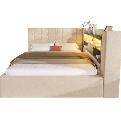 Canapé-lit coffre 140x190cm - avec LED et port de chargement - avec sommier à lattes - tissu de lin - beige (sans matelas)><noscript><img width=