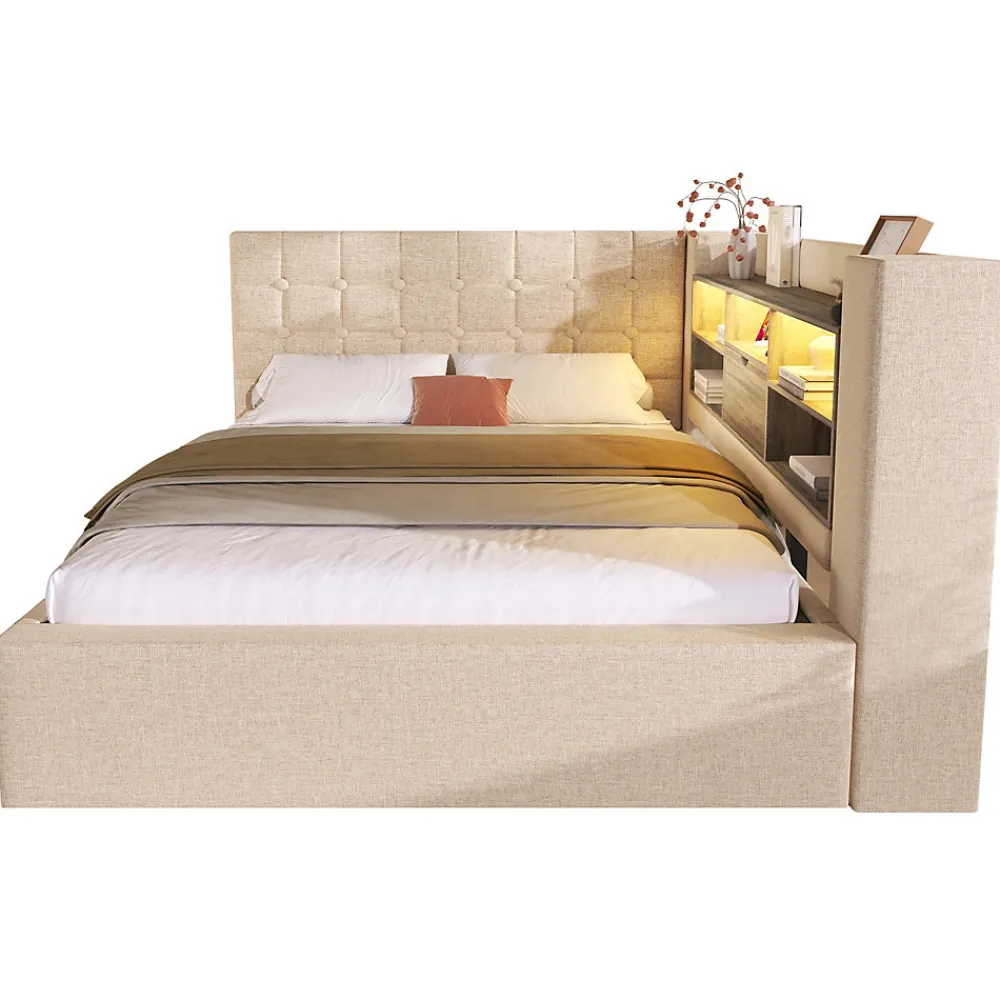 Canapé-lit coffre 140x190cm - avec LED et port de chargement - avec sommier à lattes - tissu de lin - beige (sans matelas)>ModernLuxe Best