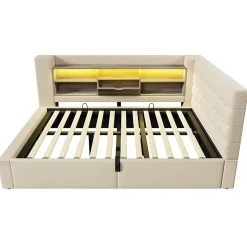 Canapé-lit coffre 140x190cm - avec LED et port de chargement - avec sommier à lattes - tissu de lin - beige (sans matelas)><noscript><img width=