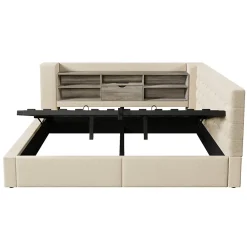 Canapé-lit coffre 140x190cm - avec LED et port de chargement - avec sommier à lattes - tissu de lin - beige (sans matelas)><noscript><img width=