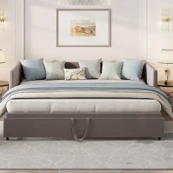 Canapé-lit convertible 90/180x200 cm en velours gris, design moderne, sommier à lattes inclus><noscript><img width=