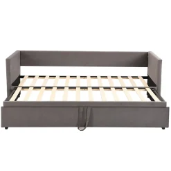 Canapé-lit convertible 90/180x200 cm en velours gris, design moderne, sommier à lattes inclus><noscript><img width=