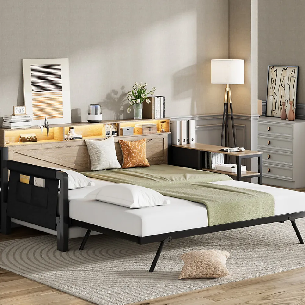 Canapé-lit en métal 90x200cm - Avec lit gigogne - 3 tiroirs et 3 étagères - LED et port USB - Noir (sans matelas)>ModernLuxe Discount