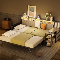 Canapé-lit en métal 90x200cm - Avec lit gigogne - 3 tiroirs et 3 étagères - LED et port USB - Noir (sans matelas)>ModernLuxe Discount