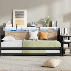 Canapé-lit en métal 90x200cm - Avec lit gigogne - 3 tiroirs et 3 étagères - LED et port USB - Noir (sans matelas)><noscript><img width=
