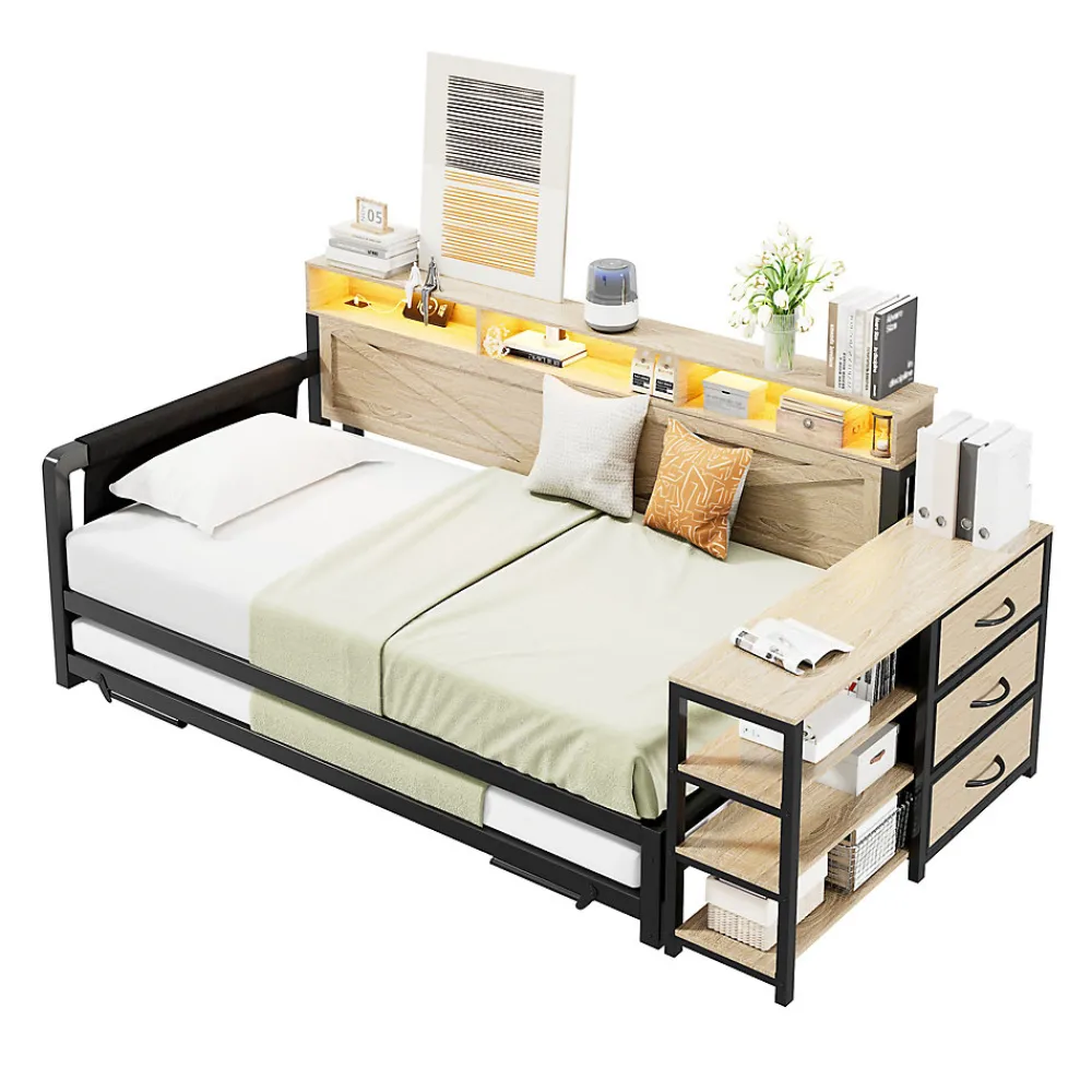 Canapé-lit en métal 90x200cm - Avec lit gigogne - 3 tiroirs et 3 étagères - LED et port USB - Noir (sans matelas)>ModernLuxe Discount