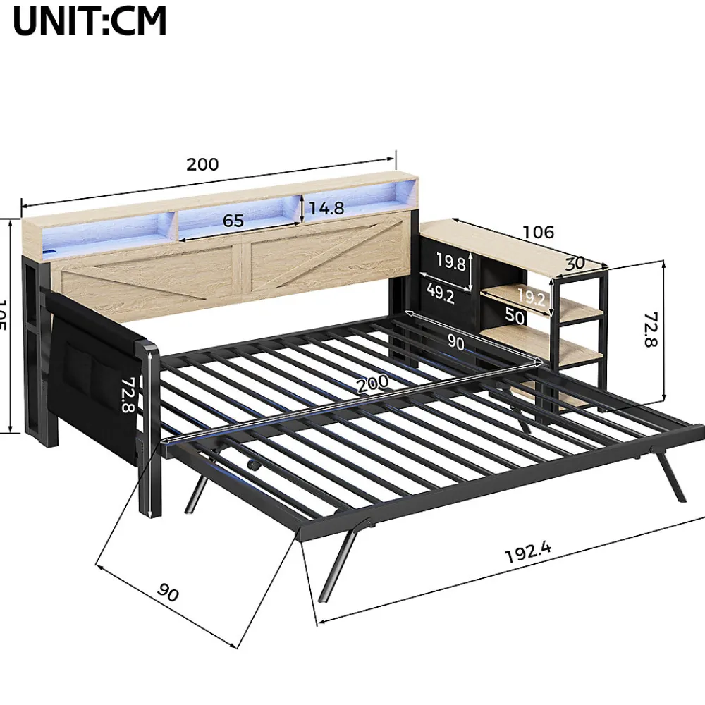 Canapé-lit en métal 90x200cm - Avec lit gigogne - 3 tiroirs et 3 étagères - LED et port USB - Noir (sans matelas)>ModernLuxe Discount
