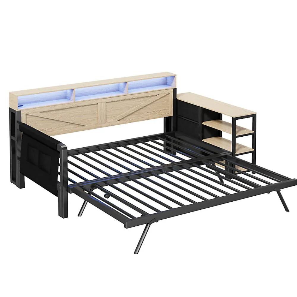 Canapé-lit en métal 90x200cm - Avec lit gigogne - 3 tiroirs et 3 étagères - LED et port USB - Noir (sans matelas)>ModernLuxe Discount