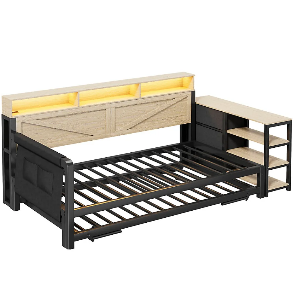Canapé-lit en métal 90x200cm - Avec lit gigogne - 3 tiroirs et 3 étagères - LED et port USB - Noir (sans matelas)>ModernLuxe Discount
