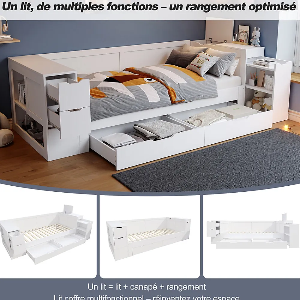 Canapé-lit enfant 90x190 cm - Avec tiroirs, étagères et espace de rangement - MDF - Blanc (sans matelas)>ModernLuxe Hot