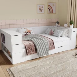 Canapé-lit enfant 90x190 cm - Avec tiroirs, étagères et espace de rangement - MDF - Blanc (sans matelas)><noscript><img width=