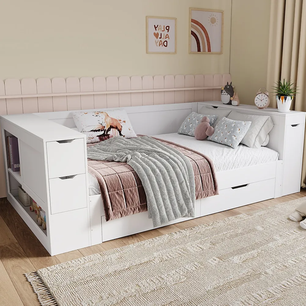 Canapé-lit enfant 90x190 cm - Avec tiroirs, étagères et espace de rangement - MDF - Blanc (sans matelas)>ModernLuxe Hot
