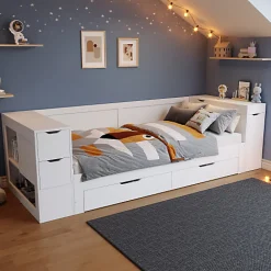 Canapé-lit enfant 90x190 cm - Avec tiroirs, étagères et espace de rangement - MDF - Blanc (sans matelas)><noscript><img width=