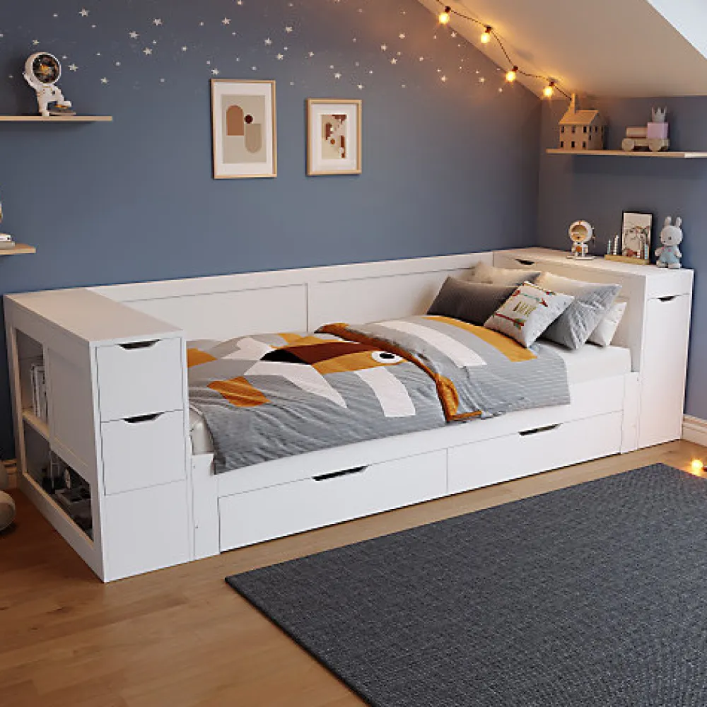 Canapé-lit enfant 90x190 cm - Avec tiroirs, étagères et espace de rangement - MDF - Blanc (sans matelas)>ModernLuxe Hot