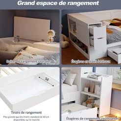 Canapé-lit enfant 90x190 cm - Avec tiroirs, étagères et espace de rangement - MDF - Blanc (sans matelas)><noscript><img width=