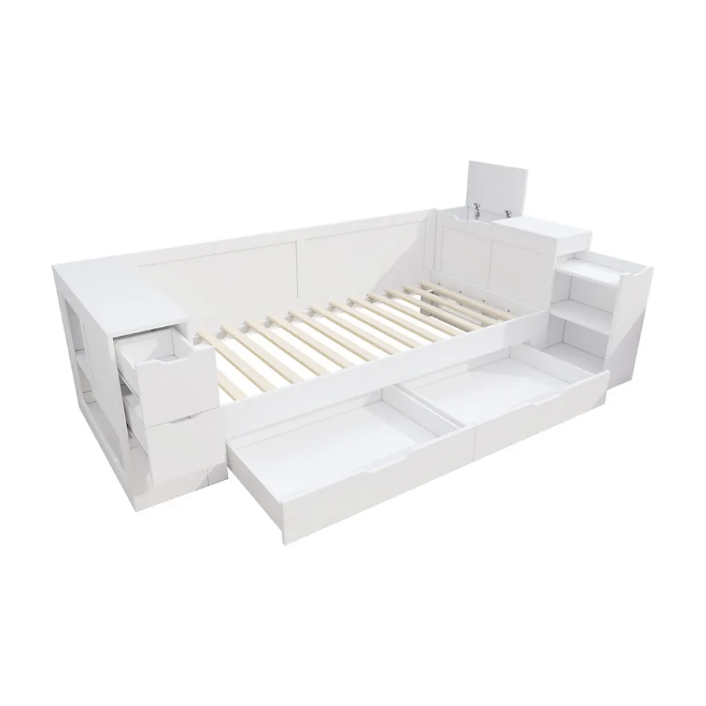 Canapé-lit enfant 90x190 cm - Avec tiroirs, étagères et espace de rangement - MDF - Blanc (sans matelas)>ModernLuxe Hot
