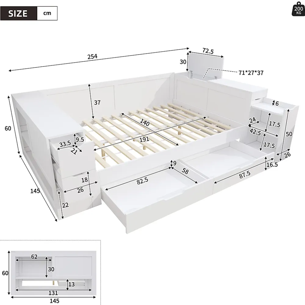 ModernLuxe Canapé-lit enfant 140x190 cm - Avec tiroirs, étagères et espace de rangement - MDF - Blanc (sans matelas)* Lit Avec Rangement