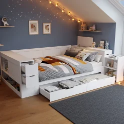 ModernLuxe Canapé-lit enfant 140x190 cm - Avec tiroirs, étagères et espace de rangement - MDF - Blanc (sans matelas)* Lit Avec Rangement